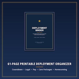Puede incluir: Una carpeta de despliegue imprimible de 61 páginas con una cubierta azul oscuro, líneas doradas, una estrella dorada y texto blanco que dice Deployment Binder, The complete printable organizer for your family before, during, and after deployment.