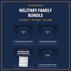 Puede incluir: Un paquete digital Military Family Bundle con cuatro organizadores imprimibles de 181 páginas en total. Incluye un archivador PCS, un archivador de despliegue, un planificador presupuestario Excel y una guía LES en azul marino.