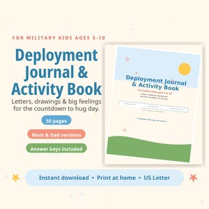 Puede incluir: Un diario de despliegue y libro de actividades para niños de militares de 5 a 10 años. La portada muestra un cielo azul, un sol amarillo y colinas verdes con el título y el texto: Letters, drawings & big feelings for the countdown to hug day.