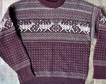 Vintage 80s Castle Square USA Made Fair Isle Reindeer Sweater Burgundy Knit