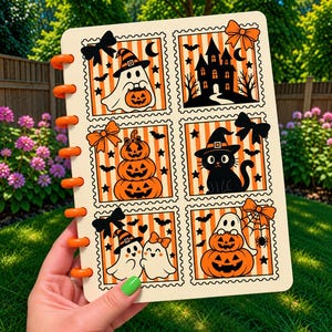 May include: A cream-colored disc-bound notebook featuring six rectangular stamp-style illustrations with orange and white vertical stripes. The designs include ghosts, pumpkins, a haunted house, a black cat, and bows, all accented with black bats and stars.