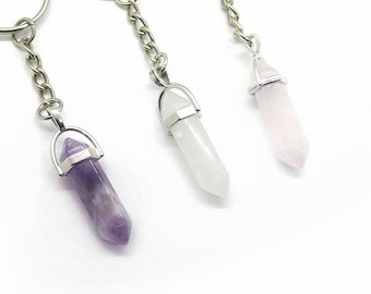 Crystal Keychain Set, Amethyst, Rose, Clear Quartz Pendants