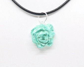 Turquoise/Light blueish Green Rose Necklace, Floral Pendant Necklace