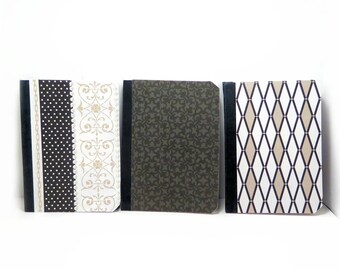 Set of 3 Mini Patterns, Notebook Journals, Small Black and Tan Journal Set with Lined Sheets, Altered Notebooks, 3.25x4.5 Inches