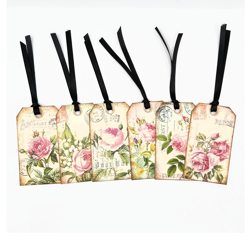 Pink Roses With Tag Set of 6 Shabby Vintage Style Pink Rose Gift Tags With Black Ribbon - Etsy