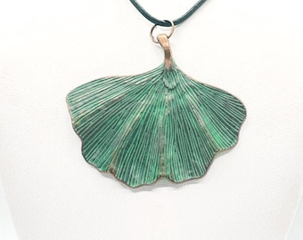 Ginkgo Biloba Leaf Necklace, Verdigris Patina Necklace, Green Metal Leaf Necklace, Large Leaf