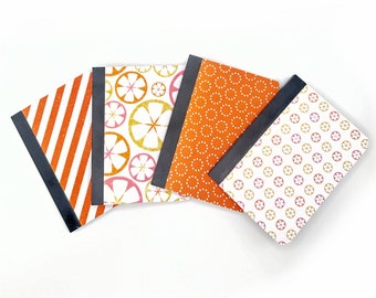 4 Mini Notebooks made with Glittery Orange patterned Covers, 3.25x4.5 inches