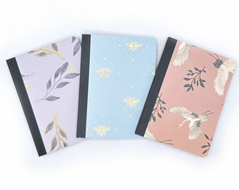 3 Mini Composition Notebook Journals with Pink, Blue and Purple Patterns all with Gold Accents