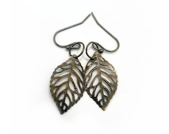 Bronze Tone Leaf Shaped Dangle Earrings with French Style Ear Wire
