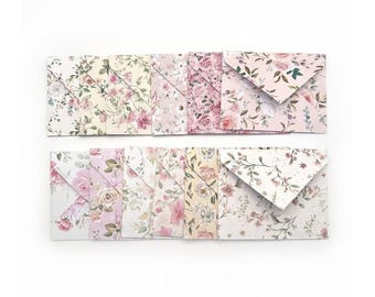 Juego de 12 mini sobres con estampado floral rosa, tarjetas de notas hechas a mano (8,25 x 10,8 cm)