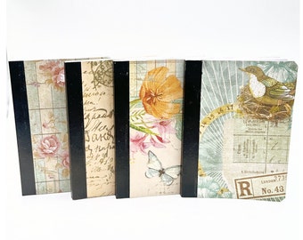 4 Mini Notebook Journals with 4 Different Vintage Style Patterns, Altered Notebooks,  3.25x4.5 inches