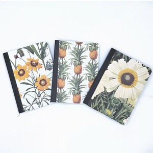 May include: Three different notebooks with floral and pineapple designs. The notebooks have black covers and white pages.
