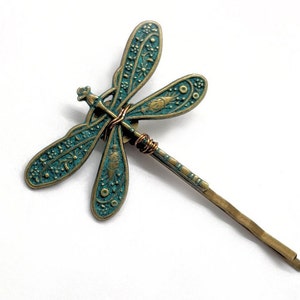 Handmade Wire Wrapped Dragonfly Bobby Pin Hair Clip, Wire Wrap Hair Accessory, Green Patina Hair clip