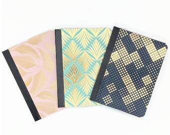 Minicuaderno con tapas con detalles dorados, diario de bolsillo, 8,25 x 11,4 cm