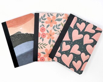 Mini cuaderno de composición con diseños florales, de montaña y de corazón, 8,25 x 11,4 cm