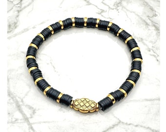Black Heishi Disc Bracelet with Gold Tone Accents (7 Inches)