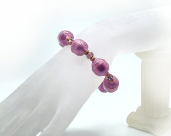 Paper Bead Stretch Bracelet with Pearly Purple Paper Beads, Czech Glass Beads and small copper bi-cone beads