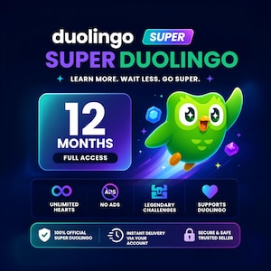 Könnte beinhalten: Eine digitale Grafik für Super Duolingo mit dem grünen Eulen-Maskottchen, dem Text 12 MONTHS FULL ACCESS und Symbolen für unbegrenzte Herzen, keine Werbung, legendäre Herausforderungen und Unterstützung auf einem dunkelblauen Hintergrund.