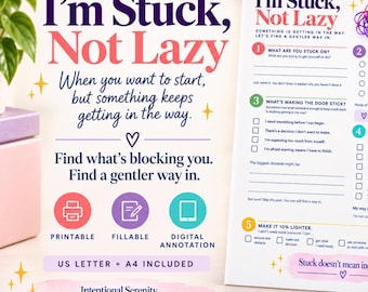 Puede incluir: Una hoja de trabajo blanca titulada I'm Stuck, Not Lazy con texto en morado y coral. Incluye una guía numerada del uno al cinco con casillas de verificación, un gráfico de líneas enredadas de colores e iconos para opciones imprimibles.