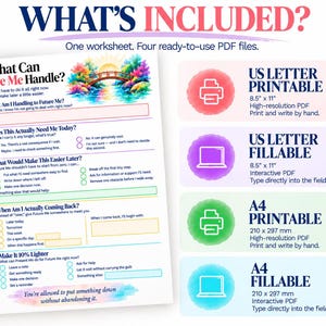May include: A digital worksheet titled What Can Future Me Handle? featuring a watercolor bridge illustration. It includes four PDF formats: US Letter 8.5 x 11 inch printable and fillable, and A4 210 x 297 mm printable and fillable versions.