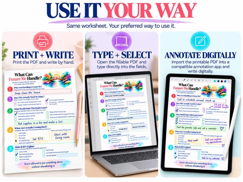 May include: A digital worksheet titled What Can Future Me Handle? featuring a colorful bridge illustration. The image displays three usage methods: printing for handwriting, typing into a fillable PDF on a laptop, and digital annotation on a tablet.