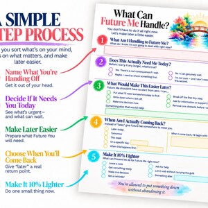 May include: A white worksheet titled A Simple 5-Step Process to help you sort what's on your mind. It features five numbered steps in red, purple, green, orange, and blue, with corresponding text fields and a watercolor illustration of a bridge.