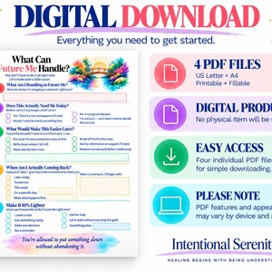 May include: A digital download worksheet titled What Can Future Me Handle? featuring a numbered list of five questions, checkboxes, and a watercolor bridge illustration. The right side lists 4 PDF files, digital product, easy access, and note.