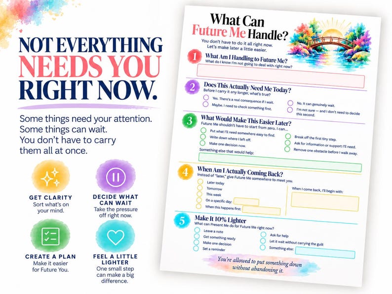 May include: A printable worksheet titled What Can Future Me Handle? featuring a watercolor bridge illustration, five numbered steps with checkboxes, and text prompts to organize tasks, alongside a guide titled Not Everything Needs You Right Now.