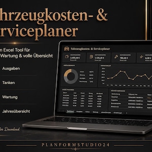 Könnte beinhalten: Ein Laptop-Bildschirm mit einem digitalen Excel-Tool zur Fahrzeugkosten- und Serviceplanung. Die Benutzeroberfläche zeigt ein dunkles Design mit goldenen Akzenten, Diagrammen, Kraftstoffkosten, Wartungsplänen und finanziellen Übersichten.