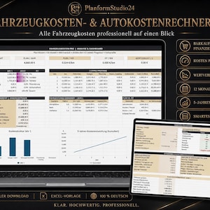 Op de afbeelding: Een digitale voertuigkosten-calculator spreadsheet weergegeven op een laptop- en tabletscherm. De interface bevat tabellen, staafdiagrammen en lijngrafieken voor het bijhouden van uitgaven, afschrijvingen en 5-jarige prognoses in euro's.