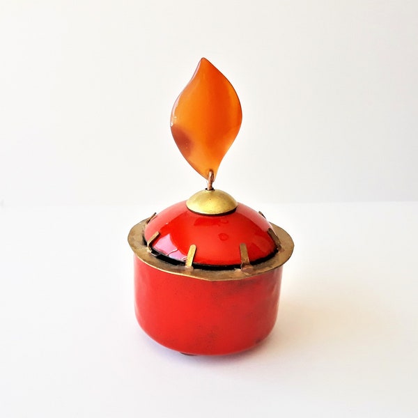 Enamel box with carnelian . Besamim box with carnelian. Multipurpose enameled container. Sugar bowl with carnelian.