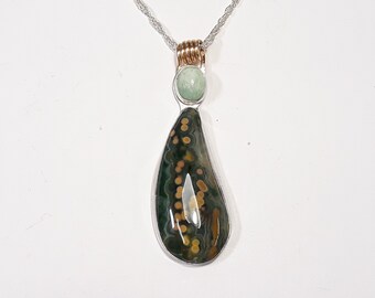 Ocean Jasper and Moonstone Pendant, Handmade Sterling Silver Necklace