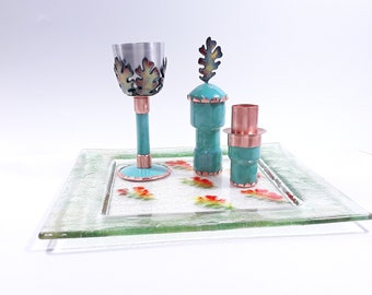 Modern Havdalah set,Complete handcrafted enamel Havdalah and Sabbath ceremonial set .Beautiful Havdalah set to use on Sabbath and holidays.