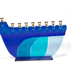 Handcrafted Blue Fused Glass Menorah with Brass Cups