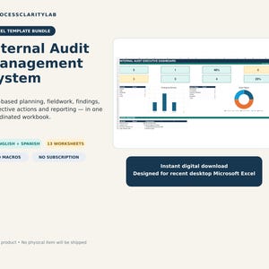 May include: An Internal Audit Management System Excel template bundle featuring a dashboard with bar charts, a donut chart, and data tables. The digital product includes 13 worksheets, supports US English and Spanish, and requires no macros or subscription.