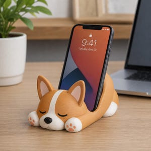 Pode incluir: Um suporte para smartphone em forma de corgi castanho e branco com expressão de sono, nariz preto, almofadas das patas cor-de-rosa e uma ranhura para segurar o telemóvel. O ecrã mostra a hora 9:41 e a data terça-feira, 23 de abril.
