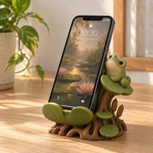May include: A smartphone stand featuring a sculpted green frog sitting on a lily pad. The base is brown and textured like tree roots, with additional green lily pads and brown cattails. The phone screen displays a pond with water lilies.