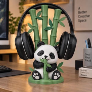 Könnte beinhalten: Eine schwarz-weiße Panda-Figur, die einen grünen Bambusstängel hält und als Ständer für schwarze Over-Ear-Kopfhörer dient. Die Basis zeigt grüne Bambusstangen, die nach oben ragen, wobei der Panda in der Mitte positioniert ist und ein Display bildet.