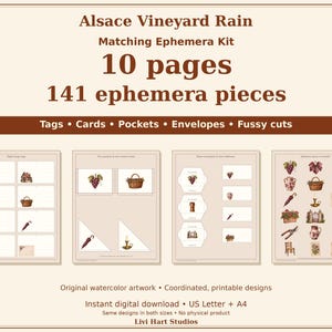 May include: Alsace Vineyard Rain matching ephemera kit with 10 pages and 141 pieces including tags, cards, pockets, envelopes, and fussy cuts. Features watercolor artwork of grapes, baskets, and houses. Includes US Letter and A4 sizes.