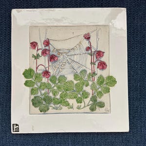 Aimo Nietosvuori Jie Gantofta Ceramic Plaque | 3D Relief Spider Web, Pink Flowers (Vintage Swedish)