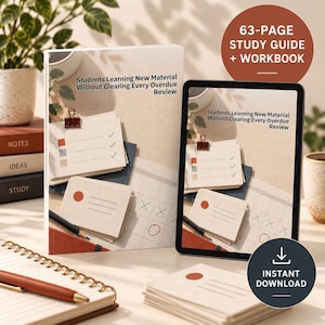 May include: A 63-page study guide and workbook featuring the text Students Learning New Material Without Clearing Every Overdue Review. The cover displays a stack of index cards with checkmarks, a pencil, and a calendar grid. A tablet shows the same cover design, and an instant download icon is visible.