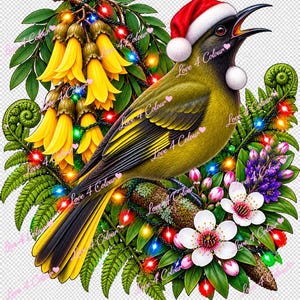 May include: A tui bird wearing a red and white Santa hat perched among yellow kowhai flowers, green fern fronds, and white blossoms. The scene is decorated with colorful Christmas lights and features the repeated text Love 4 Colour.