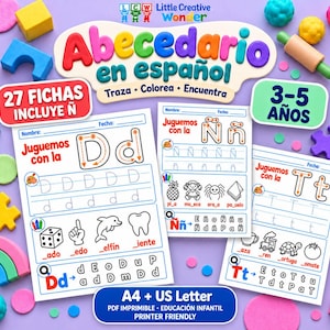 Könnte beinhalten: Ein Set aus spanischen Alphabet-Arbeitsblättern für Kinder im Alter von 3-5 Jahren mit Nachspurübungen für die Buchstaben D, N und T sowie schwarz-weißen Illustrationen von Objekten wie Würfeln, Delfinen, Zähnen, Ananas, Puppen und Zügen.