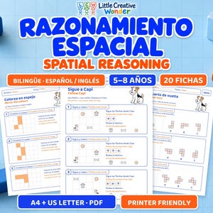 Puede incluir: Un conjunto de fichas educativas titulado RAZONAMIENTO ESPACIAL SPATIAL REASONING con ejercicios para niños de 5 a 8 años. Las páginas incluyen tareas en cuadrícula con ilustraciones de perros, flechas y formas en formato PDF.