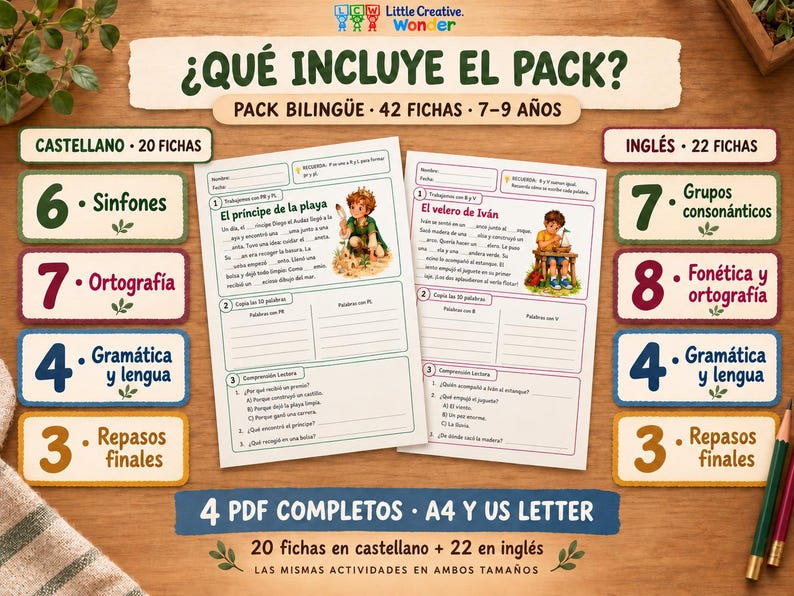 Bilingual Spanish and English Literacy Worksheets Bundle for Ages 7-9 ...