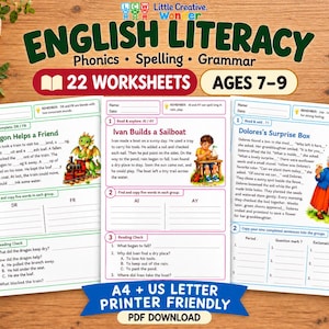 Può includere: Un set di tre schede didattiche di inglese per bambini dai 7 ai 9 anni, con esercizi di fonetica, ortografia e grammatica. Le pagine includono storie intitolate A Dragon Helps a Friend, Ivan Builds a Sailboat e Dolores's Surprise Box.