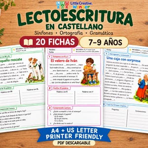 Peut inclure: Trois fiches pédagogiques intitulées LECTOESCRITURA EN CASTELLANO proposant des exercices de phonétique, d'orthographe et de grammaire pour les 7-9 ans. Les pages présentent des illustrations colorées d'un chien, d'un enfant et d'une personne âgée.