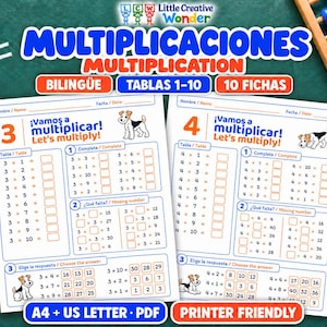 May include: Two bilingual multiplication worksheets for numbers 3 and 4, featuring math problems, fill-in-the-blank exercises, and multiple-choice questions. Each page includes a cartoon dog illustration and the text Let's multiply.