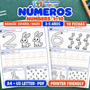 以下が含まれることがあります： NÚMEROS NUMBERS 1-10と題された子供向けの教育用ワークシート2枚。ページには、スペイン語と英語で、数字、ウサギ、キリンの白黒線画が描かれており、なぞり書き、塗り絵、数え方の練習ができるようになっています。