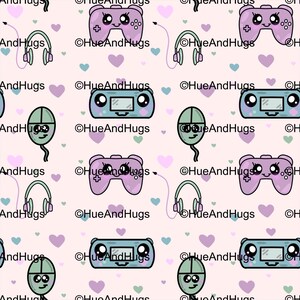 May include: A repeating pattern on a light pink background featuring kawaii-style illustrations of purple game controllers, teal handheld consoles, green computer mice, and mint green headphones, interspersed with small purple and teal hearts and the text HueAndHugs.